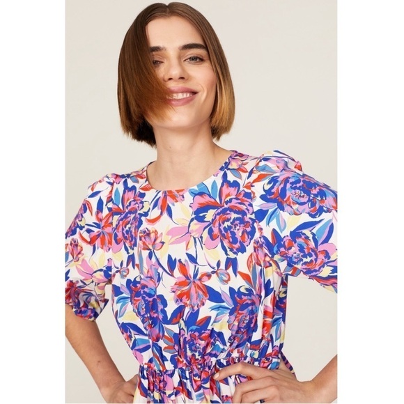 PETER SOM Floral Print Cotton Puff Short Sleeve Crew Neck Babydoll Mini Dress 12 - Picture 4 of 9